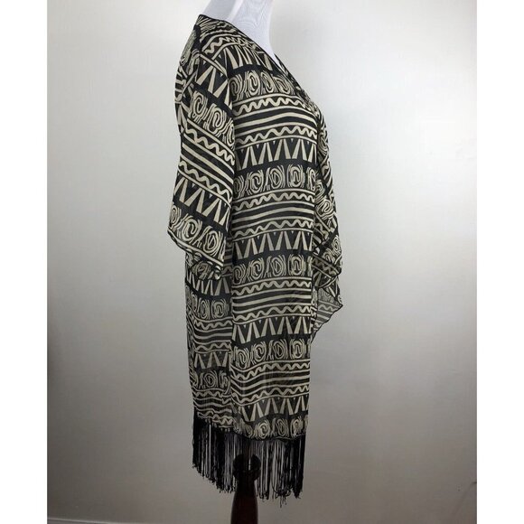 Lularoe Sheer Kimono Tribal Print with Bottom Fringe Tan Black Small - Picture 5 of 8